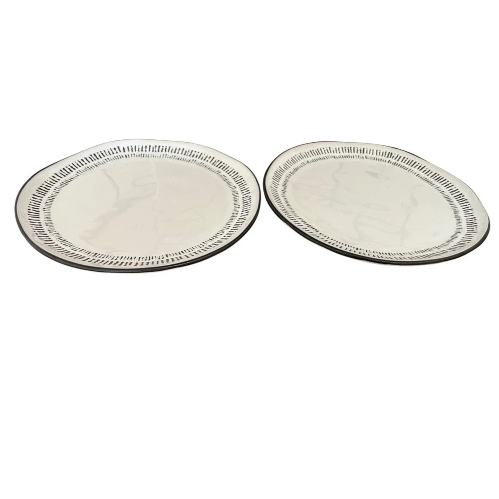 Neutral Ceramic Dinner Plates with Black Rim - Set of 2